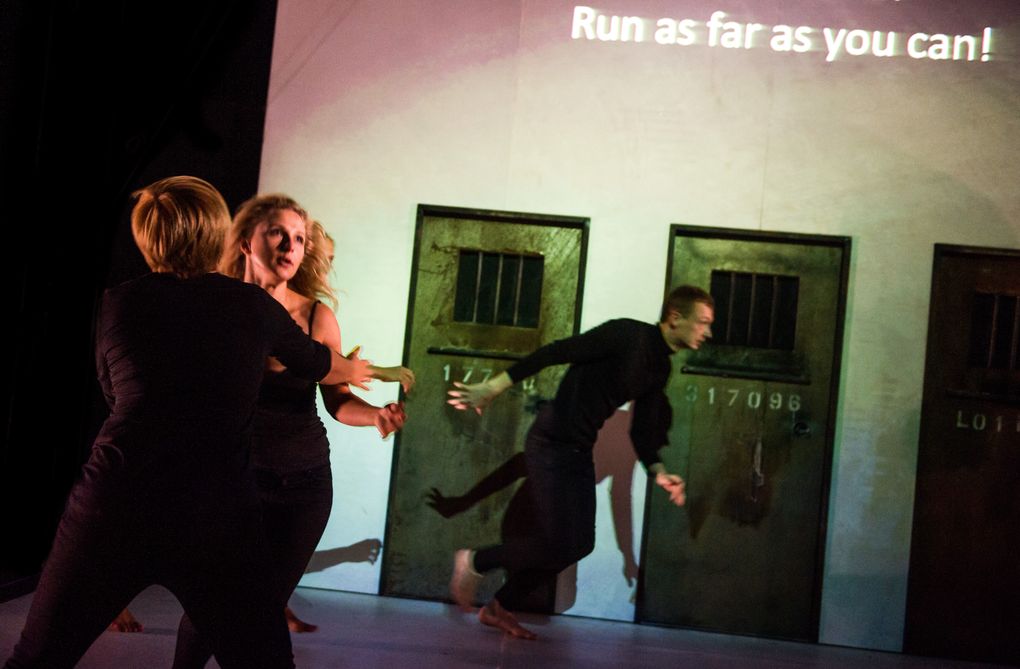 Maryna Yurevich, Maria Alyokhina and Siarhei Kvachonak in Belarus Free Theatre’s “Burning Doors,” coming to On the Boards Sept. 28-Oct. 1. (Alex Brenner/ Belarus Free Theatre)