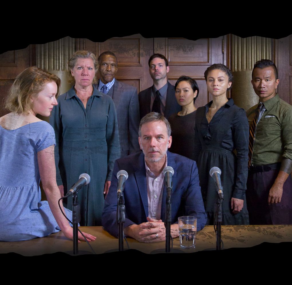 From left, Sylvie Davidson, Anne Allgood, William Hall Jr., Paul Morgan Stetler, Avery Clark, Khanh Doan, Emilie Hanson and Ray Tagavilla in ACT Theatre’s “The Crucible,” running Oct. 13- Nov. 12. (Dawn Schaefer)