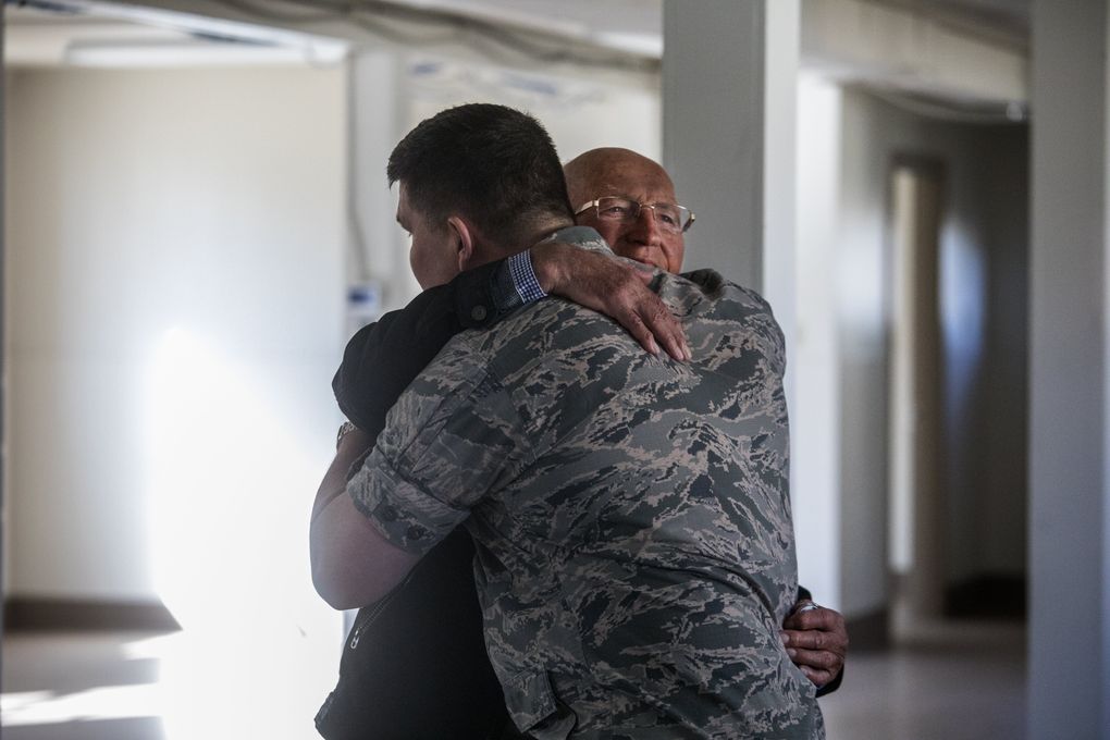 An emotional farewell after Günter Gräwe, a German POW held in Washington during World War II, finishes touring a former barracks with Deputy Joint Base Commander Col. William Percival. (Steve Ringman/The Seattle Times)