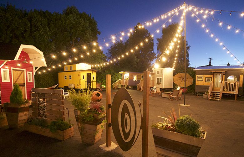 Portland’s Tiny Digs Hotel is a cluster of custom-designed tiny houses on a former used-car lot transformed into an urban park off Glisan Street.