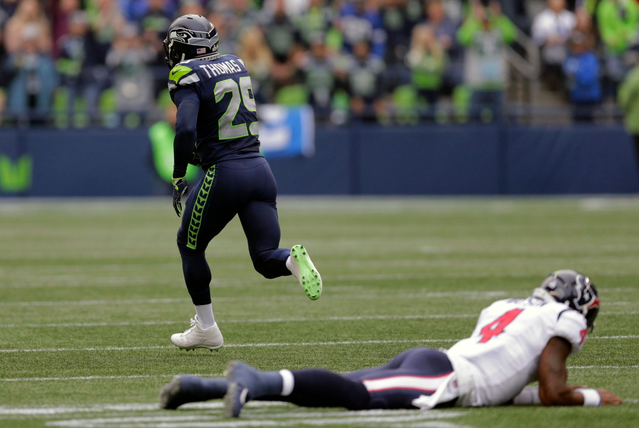 Seattle Seahawks free safety Earl Thomas (29) returns an interception 59  yards for touchdown against the Houston Texans in the first quarter against  the Houston Texans at CenturyLink Field in Seattle, Washington