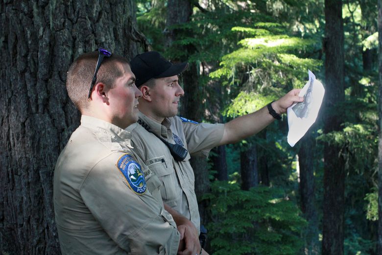 Officers Tyler Bahrenburg, left, and Denis Budai, right, used GPS data attached to images allegedly taken by poaching suspects to find kill sites. Then, they used the images themselves to find the specific location, often a tree, where animals were killed. “Nine times out of 10, there was a carcass there,” Budai said.  (Evan Bush / The Seattle Times)
