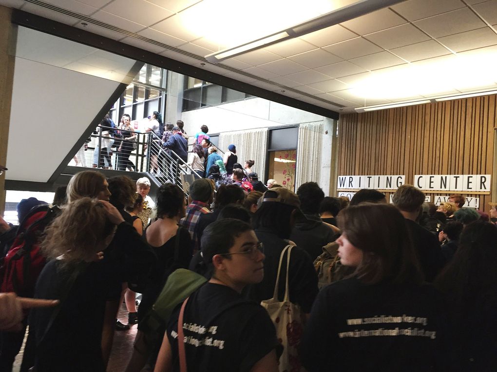 Students at The Evergreen State College protest against the college’s administration last May. (Lisa Pemberton/The Olympian via AP)