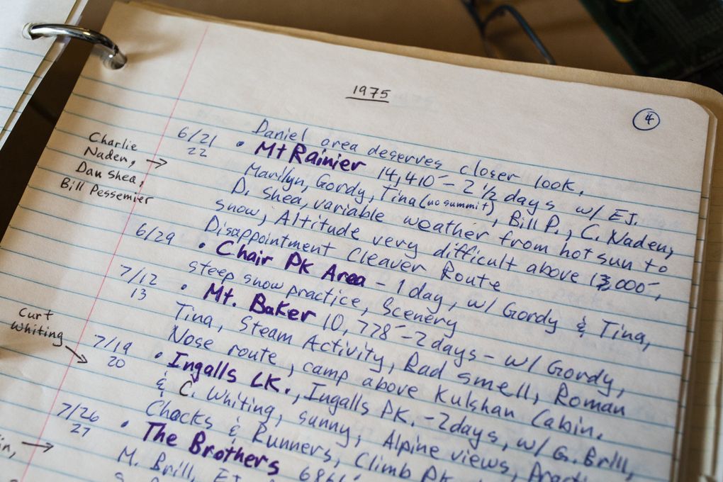 Lowell Skoog, a ski historian, has detailed notes about all his ski trips and adventures. This section of his diary, kept in his Seattle home, describes trips in June and July 1975. (Mike Siegel/The Seattle Times)