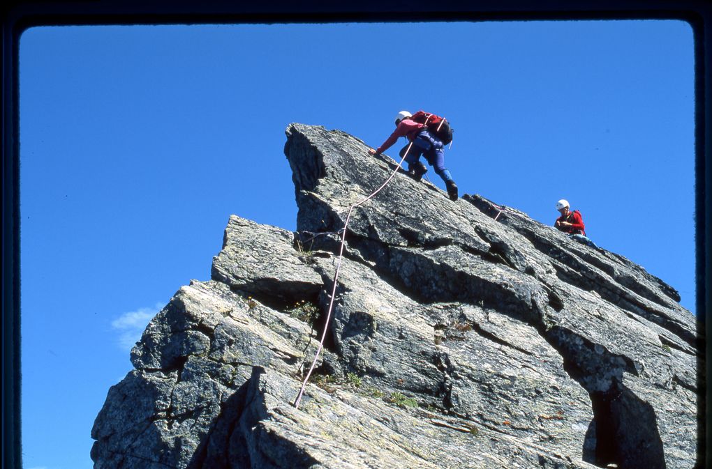 Stephanie Subak climbs toward Lowell Skoog on an ascent of The Triad in 1994. (Photo by Carl Skoog)