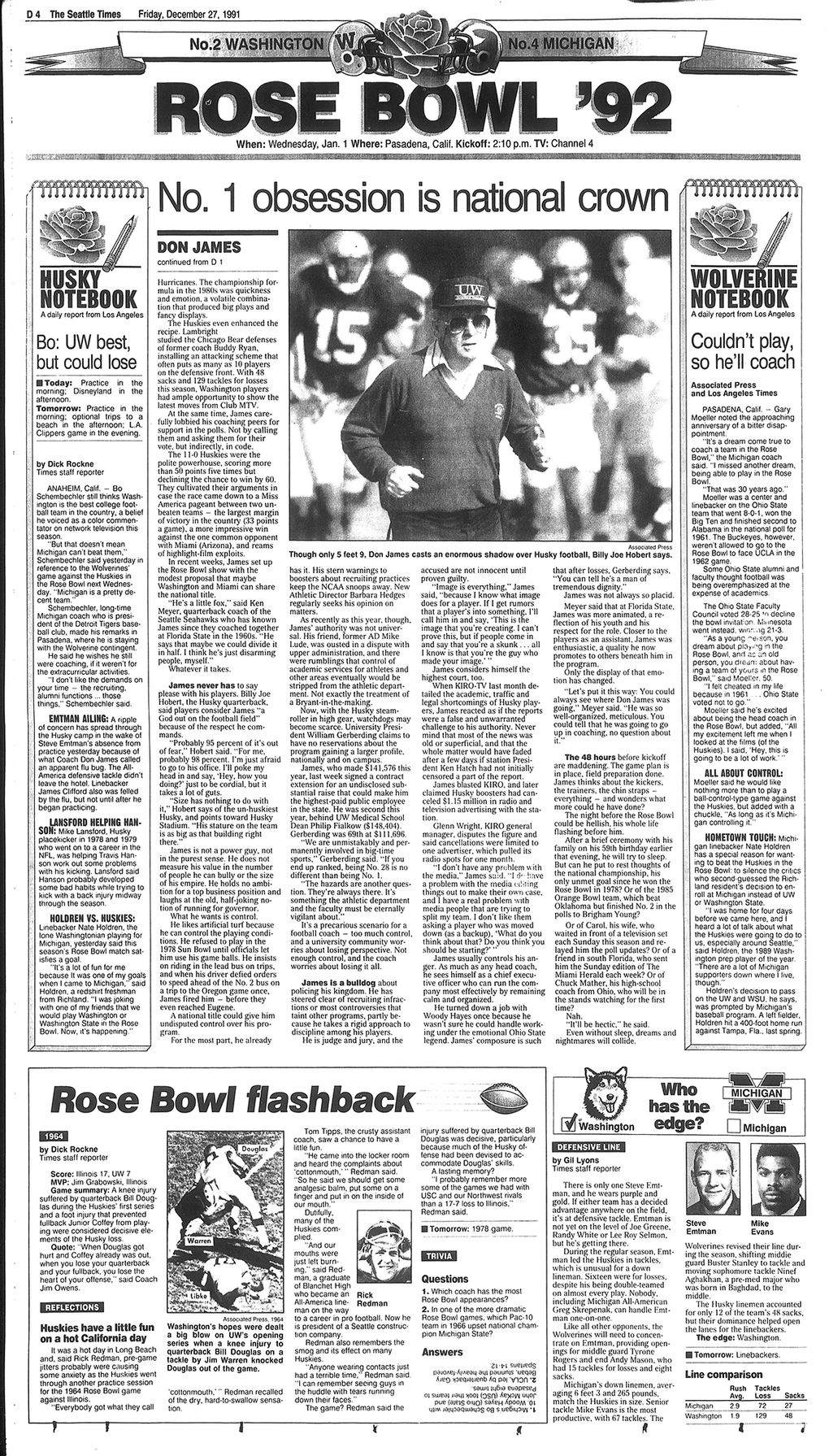 The Seattle Times D1 sports cover days before the 1991-92 Rose Bowl. (Seattle Times archives)