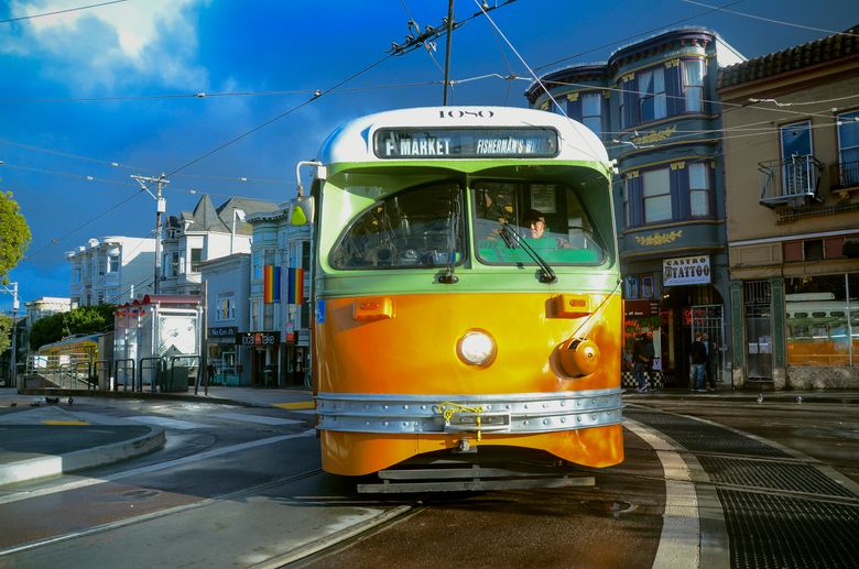 In San Francisco, public transit choices include the F Line, using vintage streetcars that get you around the city without renting a car. (Christopher Reynolds / Los Angeles Times)