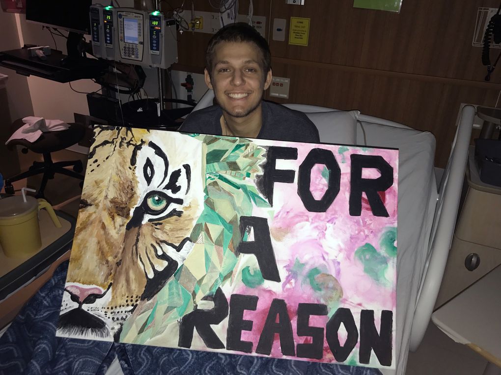 Ben Cushing holds a painting made for him by his friend, Madison Hanley. His nickname was “Big Cat” and his motto was “for a reason,” so she painted it and surprised him in the hospital in August 2017. Ben Cushing was a 19-year-old freshman at Washington State when he was diagnosed with a rare and aggressive form of lymphoma. His parents, Scott and Alison Cushing, and sister, Emily, 23, are carrying on his legacy by raising money for “Cush it to the Limit,” a fund that Ben set up before his death to raise money for researching rare forms of T-cell lymphoma cancer (Courtesy Alison Cushing/Courtesy Alison Cushing)