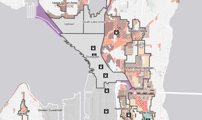 Seattle has built an interactive map of proposed upzones proposed for more than two-dozen neighborhoods across the city. (City of Seattle)