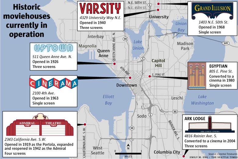 Click to zoom in on our city’s remaining historic moviehouses. (Emily Eng / The Seattle Times)
