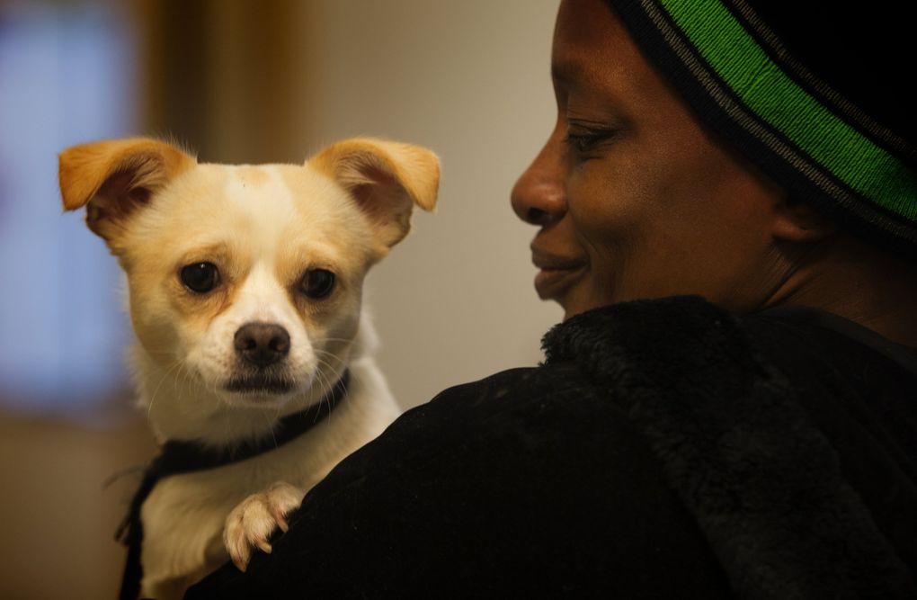 Jacqueline Martin holds one of the dogs she loves at the Navigation Center in Seattle where she lives Wednesday, November 6, 2017. She has been living there since July. (Ellen M. Banner / The Seattle Times)