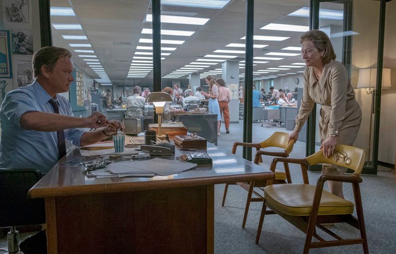 In this image released by 20th Century Fox, Tom Hanks portrays Ben Bradlee, left, and Meryl Streep portrays Katharine Graham in a scene from “The Post.” Nominations for the  75th annual Golden Globes will be announced on Monday, Dec. 11, 2017. (Niko Tavernise/20th Century Fox via AP) NYET889 NYET889