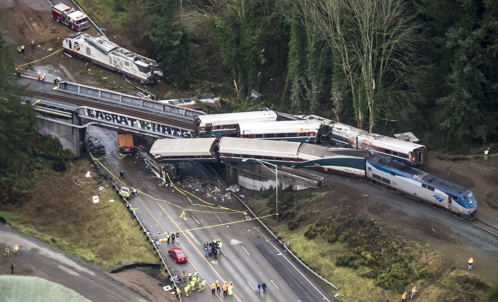 An Amtrak train derailed Monday between Lakewood and Olympia. (Bettina Hansen / The Seattle Times)