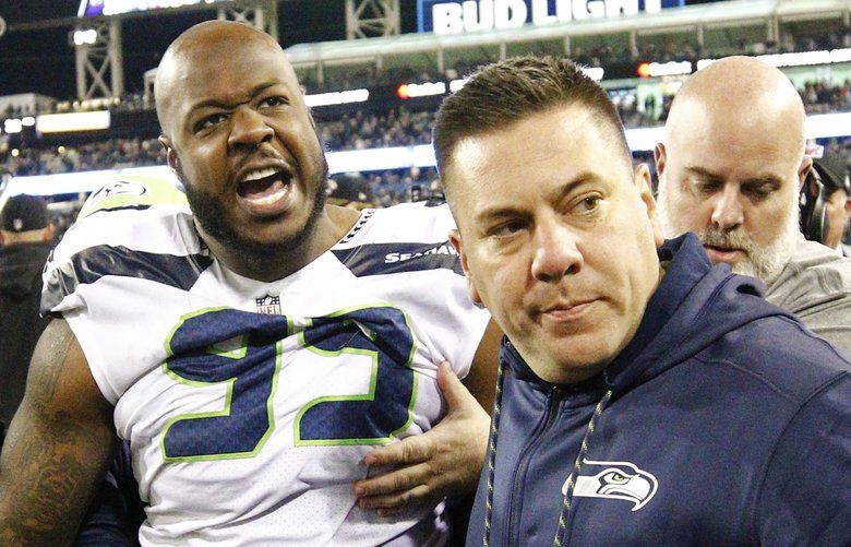 Seattle Seahawks defensive end Quinton Jefferson celebrates during an NFL  football game against the Atlanta Falcons, Sunday, Sept. 25, 2022, in  Seattle. The Falcons won 27-23. (AP Photo/Stephen Brashear Stock Photo -  Alamy