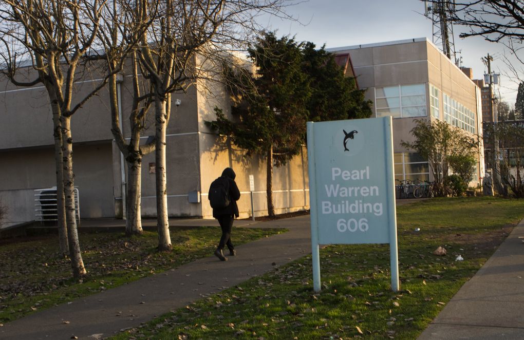 The Navigation Center occupies two stories of a former office building at the corner of 12th Avenue South and South Weller Street. (Ellen M. Banner/The Seattle Times)