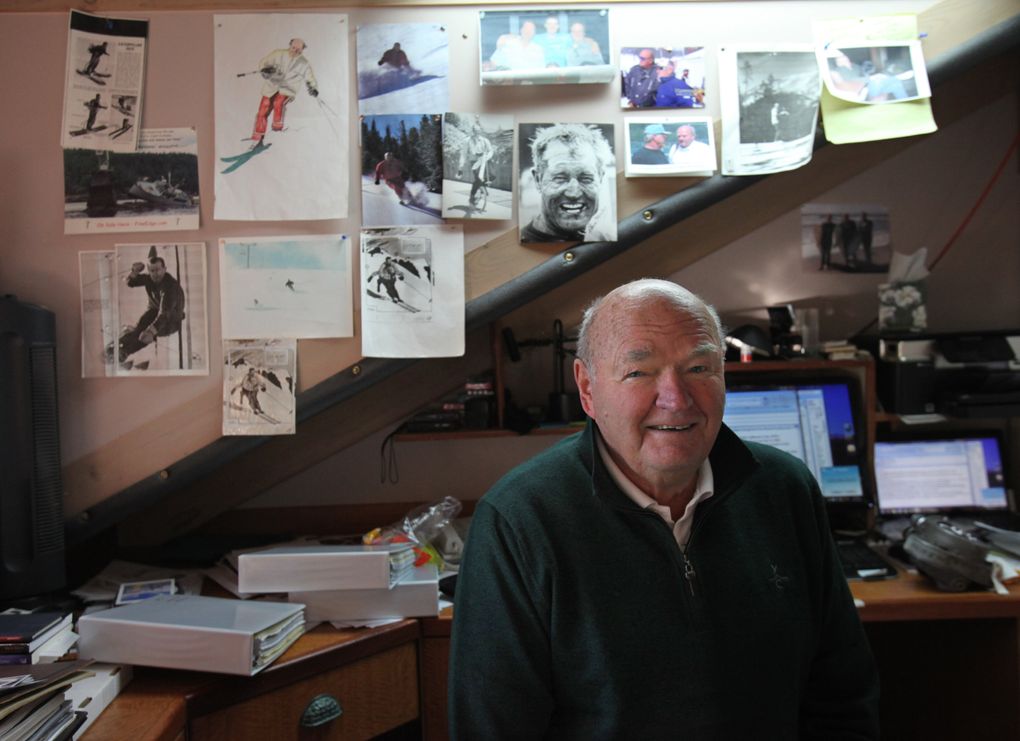 Warren Miller sits in his Orcas Island study in 2010. He was writing an autobiography, surrounded by archives from his adventures. (Steve Ringman / The Seattle Times, file)