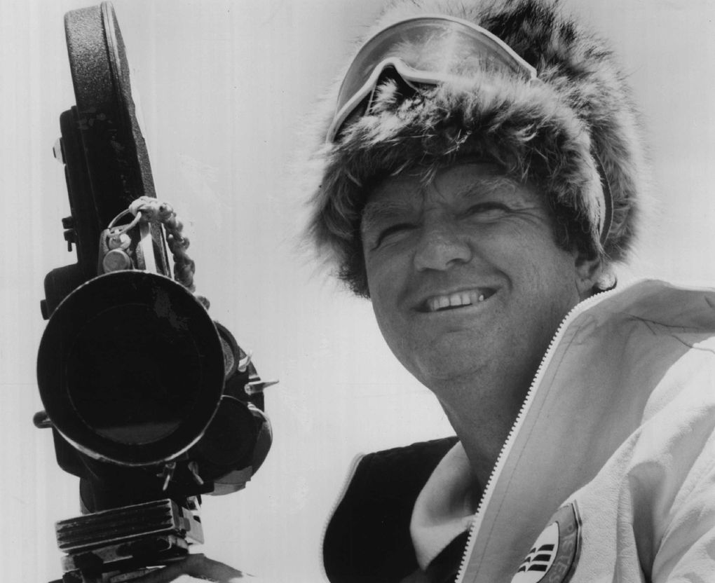 Warren Miller in the mid-1970s filming “There Comes a Time.” (Seattle Times file)