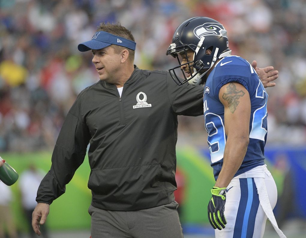 Sean Payton greets Seahawks free safety Earl Thomas (29) during the first half of the NFL Pro Bowl. (AP Photo/Phelan M Ebenhack)