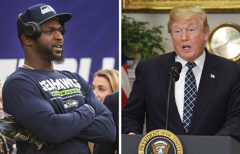 Seahawks defensive end Cliff Avril, left, and President Donald Trump. (Seattle Times/AP photos)