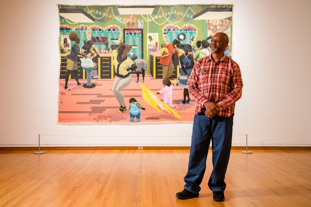 Artist Kerry James Marshall with his painting “School of Beauty, School of Culture.” (Ramon Dompor/The Seattle Times)
