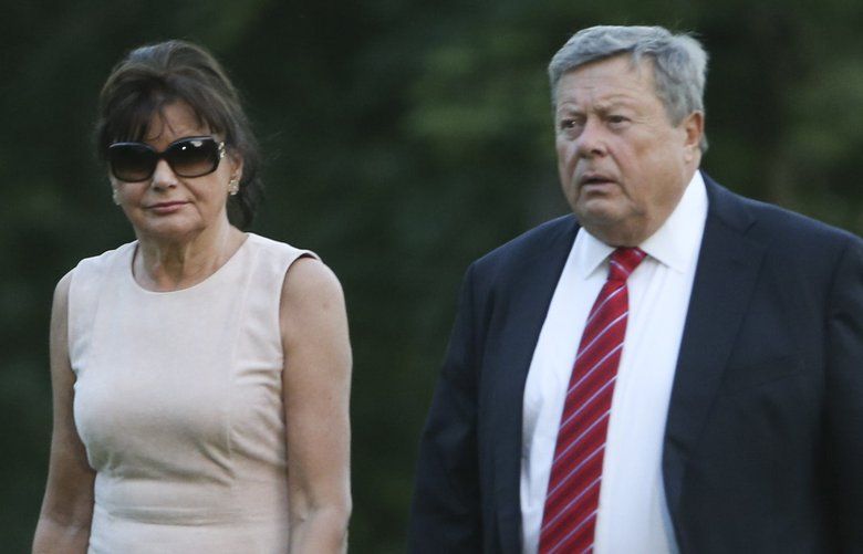 FILE — Viktor and Amalija Knavs, the parents of first lady Melania Trump, arrive at the White House, June 11, 2017. It is unclear how or when the Knavs got green cards, but immigration experts said the most likely way would have been a program the president has railed against. (Al Drago/The New York Times) XNYT164 XNYT164
