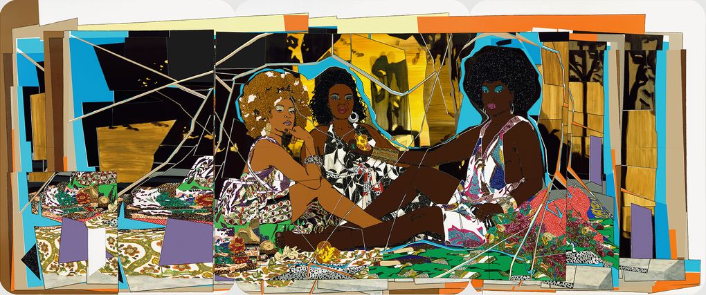Mickalene Thomas, “Le déjeuner sur l’herbe: Les trois femmes noires,” 2010, rhinestones, acrylic, and enamel on wood panel (Courtesy of the artist and Lehmann Maupin, © Mickalene Thomas)