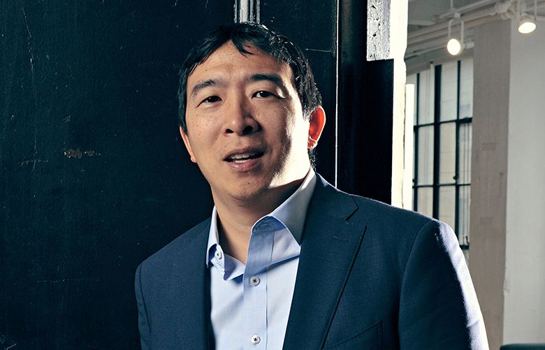 — PHOTO MOVED IN ADVANCE AND NOT FOR USE – ONLINE OR IN PRINT – BEFORE FEB. 11, 2018. — Andrew Yang, entrepreneur and founder of Venture for America, at his office in New York, Feb. 2, 2018. Yang is mounting a longer-than-long-shot bid for the White House by warning of economic calamity ahead. (Guerin Blask/The New York Times)