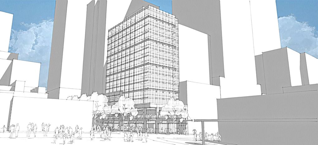 A proposed 14-story hotel for the corner of First & Pike has drawn vocal opposition from people who say it would overwhelm the historic entrance to Pike Place Market. (Ankrom Moisan architects)