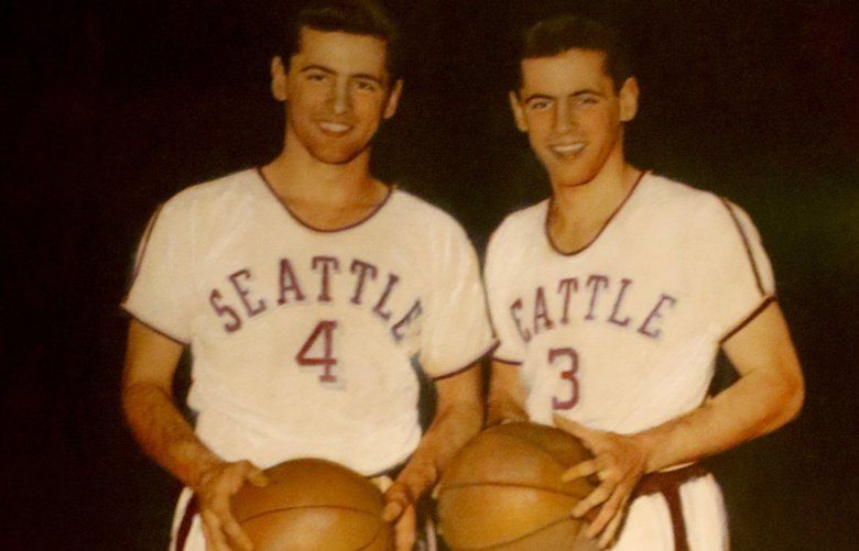 Johnny O’Brien, left, and his twin brother Eddie, at Seattle University.  Johnny wound up playing the pivot at 5’9″.

star at Seattle University and beyond, for a sports profile.  He’s 87.  One of the greatest scorers in NCAA history.

Thursday Feb. 8, 2018