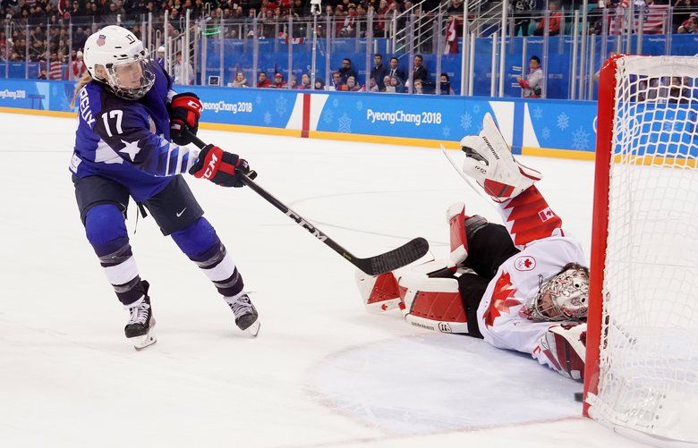 Jocelyne Lamoureux-Davidson of the U.S. scores a goal in the sixth round of the shootout to win the game against Canada in Gangneung, South Korea, on Thursday, Feb. 22, 2018. The U.S. women’s hockey team beat Canada, 3-2, in a shootout to win the gold medal. (Chang W. Lee/The New York Times)  ONYT26 ONYT26