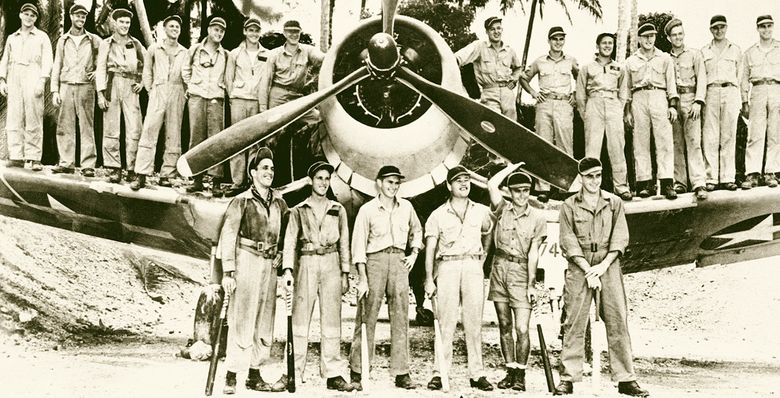 Gregory “Pappy” Boyington, fourth from left in the front row, was the leader of the Marines’ “Black Sheep Squadron” during World War II. Boyington was credited with shooting down 26 enemy planes, which tied a record for most by a U.S. pilot. Later, the number was changed to 28. (The Associated Press, 1943)