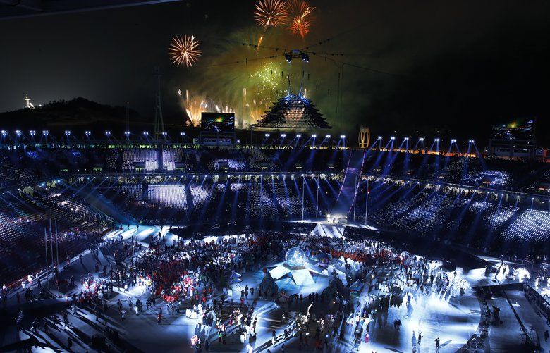 Fireworks explode during the closing ceremony of the 2018 Winter Olympics in Pyeongchang, South Korea, Sunday, Feb. 25, 2018. (AP Photo/Charlie Riedel) OLY491 OLY491