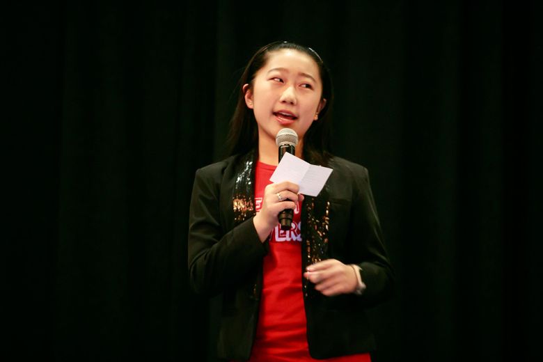 Katherine Kang speaks at the Ignite Education Lab event “Unexpected Adventures in Learning” at Campion Ballroom at Seattle University Monday. (Erika Schultz / The Seattle Times)