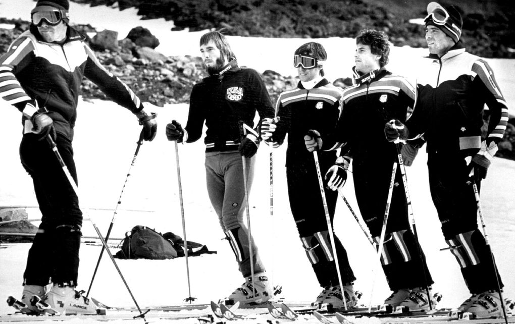 Phil Mahre, left, and Steve Mahre, right, pause with three other U.S. Ski Team racers — from left, their younger brother, Paul; Dan Stripp, and John Buxman — during training on Mount Hood in Oregon on Feb. 10, 1980. (Seattle Times file photo) (Seattle Times Archives)