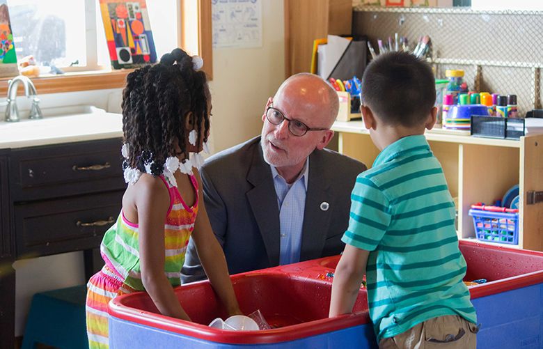 Former Mayor Tim Burgess visiting a preschool in south Seattle, 2017.