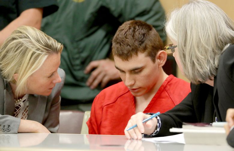 Nikolas Cruz appears in court for a status hearing before Broward Circuit Judge Elizabeth Scherer on Monday, Feb. 19, 2018. Cruz is facing 17 charges of premeditated murder in the mass shooting at Marjory Stoneman Douglas High School in Parkland, Fla. (Mike Stocker/Sun Sentinel/TNS)