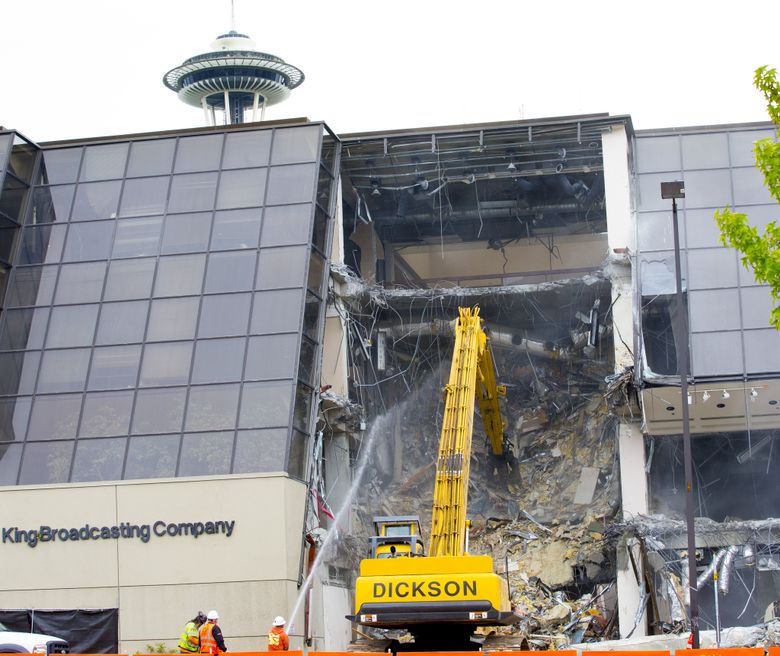 A longtime community-focused news outlet under its former ownership of the Bullitt Family, KING 5, now owned by media conglomerate Tegna, experienced a dramatic corporate makeover during the past decade of tumultuous change in Seattle-area media. A visible manifestation was destruction of its longtime South Lake Union headquarters in July 2016. (Mike Siegel/The Seattle Times)