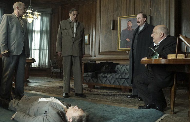 This image released by IFC Films shows, from left, Steve Buscemi, Adrian McLoughlin, Jeffrey Tambor, Dermot Crowley and Simon Russell Beale  in a scene from “The Death of Stalin.” (Nicola Dove/IFC Films via AP) NYET403 NYET403