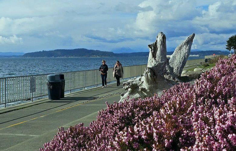 Walkers enjoy the views from Constellation Park near Alki Point in West Seattle. (John Nelson photo)