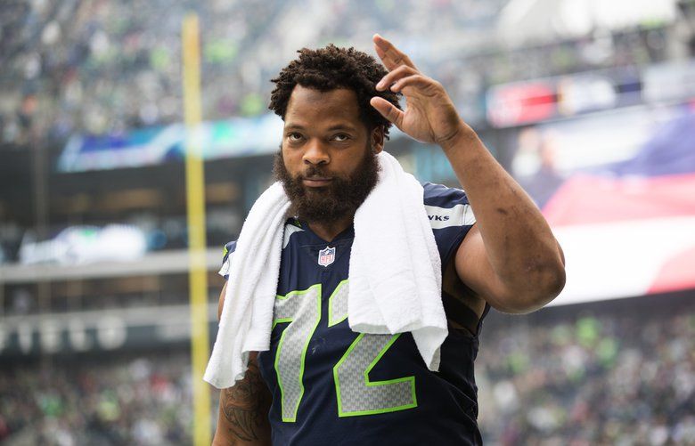 Michael Bennett comes on to the field for Sunday’s game with Houston.  The Houston Texans played the Seattle Seahawks Sunday, October 29, 2017 at CenturyLink Field in Seattle. 203964