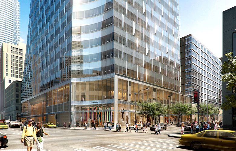 A 20,000-square-foot PCC Community Markets store will anchor the Rainier Square tower, scheduled to open in 2020. The grocery store will be on the right, with an entrance on Fourth Avenue, in this rendering of the building’s northwest corner. (Rendering credit: NBBJ)