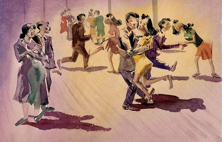 “Mr. And Mrs. Nosey Watching Dancing Cheek To Cheek”  a drawing by the artist Gene Sogioka. His daughter, Jean La Spina, said “This is one of my favorites (which makes me and my younger sister laugh) as dad and mom dance with his Brylcreemed hair and wearing his suit.” The family was interned at Poston in Arizona.