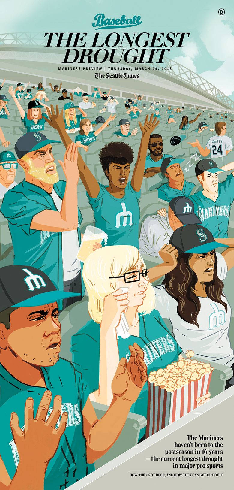 Mariners preview special section cover. (Illustration by Jen Luxton / The Seattle Times)