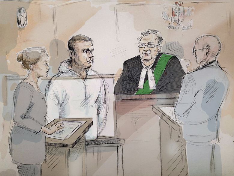 In this courtroom sketch, Duty counsel Georgia Koulis, from left, Alek Minassian, Justice of the Peace Stephen Waisberg, and Crown prosecutor Joe Callaghan appear in court in Toronto on Tuesday, April 24, 2018. Alek Minassian, who plowed a van into a crowded Toronto sidewalk, was ordered held Tuesday on 10 counts of murder and 13 of attempted murder. (Alexandra Newbould/The Canadian Press via AP) CPT111 CPT111 (Alexandra Newbould / The Associated Press)