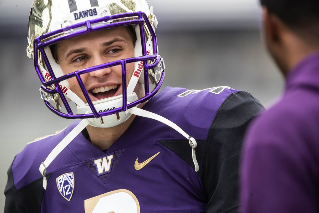 Jake Browning is all smiles in Saturday’s Spring Preview. (Dean Rutz / The Seattle Times)