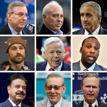 Top row, from left: Terry Pegula, Jeffrey Lurie, Arthur Blank. Middle row: Chris Long, Robert Kraft, Anquan Boldin. Bottom row: Shahid Khan, Stephen Ross, John Mara. (Associated Press / Getty Images)
