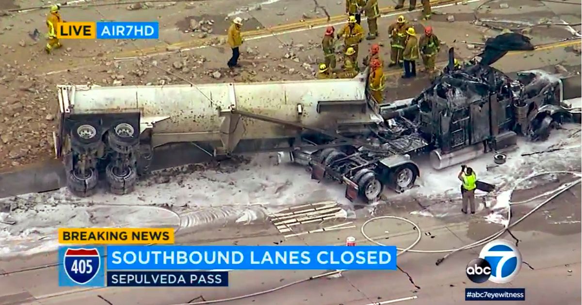 Fiery LA freeway big rig crash injures 3 | The Seattle Times