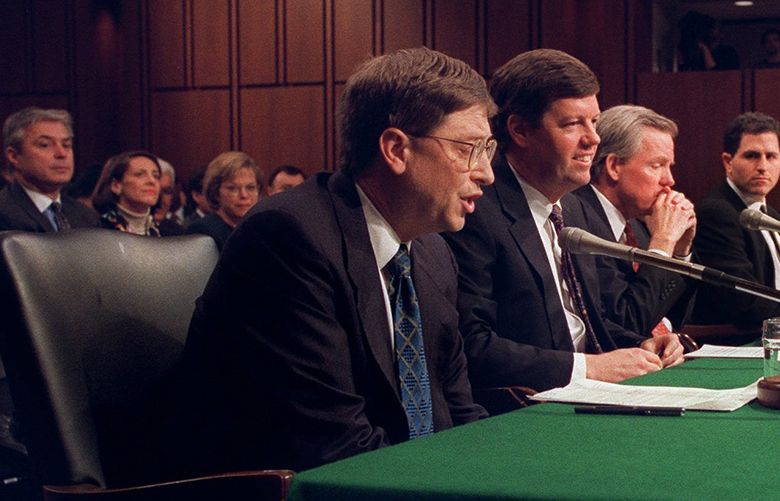 Microsoft President Bill Gates, left, and other software industry executives testify on Capitol Hill, Tuesday, March 3, 1998, before the Senate Judiciary Committee hearing on anticompetitive issues and technology. From second from left, are: Sun Microsystems President Scott McNealy, Netscape Communications President Jim Barksdale, Dell Computer Corp. Chairman Michael Dell, Great Plains Software Chairman Doug Burgum, and New Enterprise Associates Venture Partner Stewart Alsop.