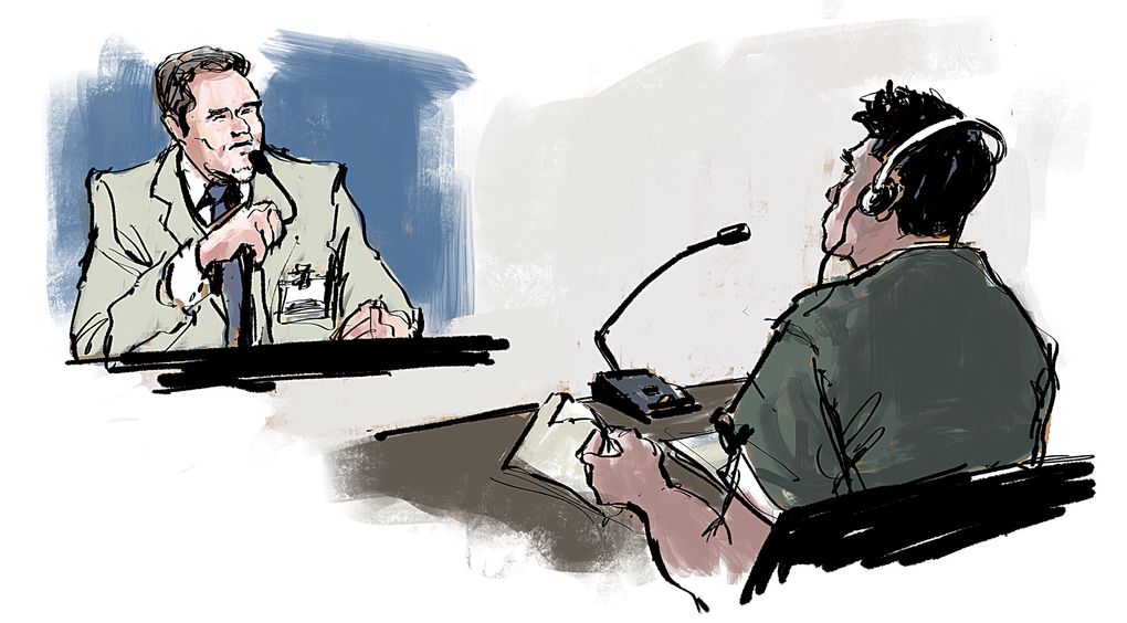 A detainee uses headphones to hear a courtroom interpreter. (Sketch by Gabriel Campanario / The Seattle Times)