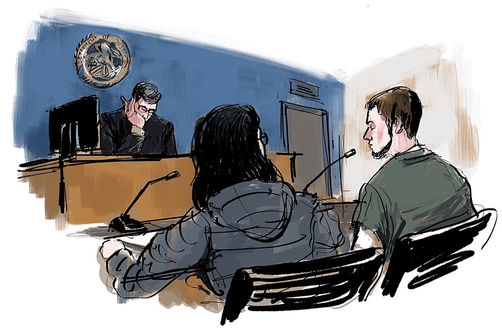 “This really is someone who should be out on bond,” a lawyer tells the judge, referring to her client, who has lived in the U.S. since he was 3. The judge wasn’t so sure. (Sketch by Gabriel Campanario / The Seattle Times)